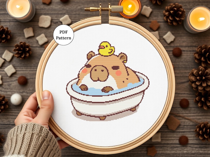 Kawaii Capybara Pattern Digital Download Cross Stitch Project Cute Bathroom Wall Art Design Rubber Duck Bath Scene Beginner Friendly Chart Easy Stitch Guide Complete Instructions Modern Home Style Adorable Animal Artwork Perfect Starter