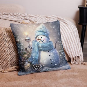 Cozy Snowman Premium Pillow, Winter Decor Pillow, Decorative Snowman Pillow, Holiday Cheer, Charming Design, Pillow Cover Winter