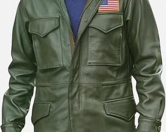 Men’s John Rambo M65 Field Jacket Green Leather | Military Multipocket Combat Jacket | Tactical Army Style Leather Coat