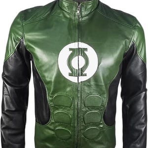 May include: Green and black leather jacket with a white Green Lantern logo on the chest. The jacket has a zip-up front, a stand-up collar, and black panels on the sides and sleeves. The jacket has a superhero theme.