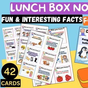 Puede incluir: Un conjunto de 42 notas para loncheras con datos curiosos para niños. Las notas presentan ilustraciones coloridas y texto, incluyendo datos sobre animales y comida. También se muestra una lonchera naranja.