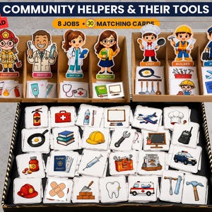May include: A Community Helpers & Their Tools educational set featuring 8 character cutouts and 30 matching cards. The cards display illustrations of items like a fire extinguisher, stethoscope, toothbrush, books, hard hat, wrench, airplane, and tools.