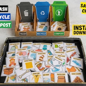 May include: A recycling sorting game with three bins labeled Trash, Recycle, and Compost. The bins are filled with cards depicting various items like paper, plastic, and food waste. The words "Sample Craft" and "Instant Download" are also visible.