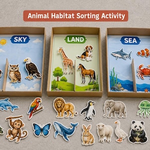 Puede incluir: Un juego de clasificación de hábitats animales con tres cajas de cartón etiquetadas como Sky, Land y Sea. El conjunto incluye varias figuras de animales recortadas como una jirafa, un león, un elefante, una ballena y un águila para clasificar.
