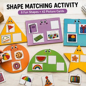 May include: A shape matching activity set featuring a yellow triangle, purple rectangle, blue square, orange circle, green semicircle, and yellow star. Each shape has a smiling face and blank squares for 42 picture cards showing various objects.