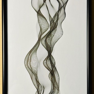 May include: Abstract artwork in a black frame. The art features a flowing, three-dimensional design composed of dark brown and black lines against a white background. The lines create a sense of movement and form.