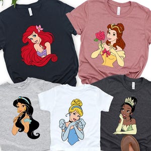 Disney Princess Shirt with Belle, Tiana, Elsa, Anna, Jasmine, Ariel, Aurora, Rapunzel, Snow White, Merida, Cinderella, Mulan & Minnie Ears