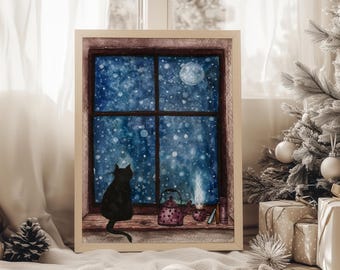Winter Cat Watercolor Print: Snowy Window View (Digital Download)