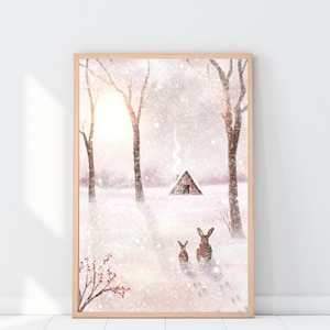Winter landscape wall art, digital download, printable cozy snowy nature artwork, digital illustration, cozy cabin pink winter scenery print