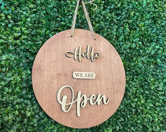 wooden Open close sign, Hello we are open, Sorry we are closed