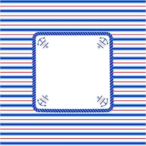 以下が含まれることがあります： 白い正方形に青いロープの縁取りと錨のイラストが施された、航海をテーマにしたデザイン。背景には赤、白、青の横縞模様があり、クラシックな海の美学を作り出しています。