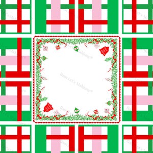 May include: A square Christmas design with a white central area, framed by a red scalloped border and festive green and red accents. The corners feature a grid pattern of red, green, and pink stripes.