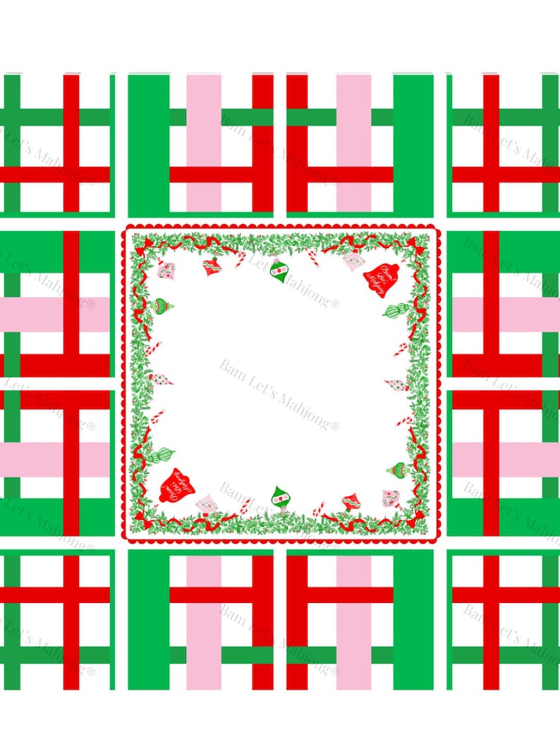 May include: A square Christmas design with a white central area, framed by a red scalloped border and festive green and red accents. The corners feature a grid pattern of red, green, and pink stripes.
