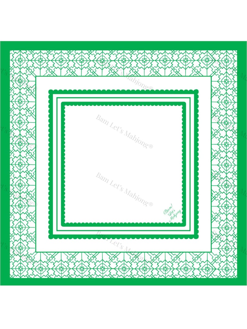 May include: A square, green and white decorative design with the text "Bam Let's Mahjong&reg;". The design features a series of nested squares with scalloped edges and geometric patterns, suitable for Mahjong.