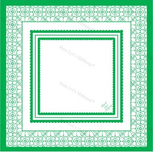 May include: A square, green and white patterned design with the text "Bam Let's Mahjong&reg;". The design features a series of nested squares with scalloped edges and geometric patterns, suitable for Mahjong.