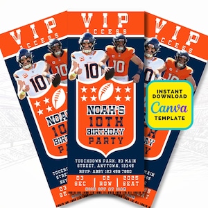 May include: A stack of VIP access tickets with a football theme. The tickets feature a football player graphic, the text "NOAH'S 10TH BIRTHDAY PARTY", and the Canva template logo. The tickets are orange, navy blue, and white.