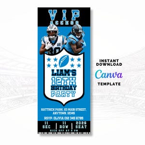 May include: A blue and black VIP access ticket for Liam's 12th birthday party. The design features two football players, a football, and stars. The ticket includes event details and the text "Instant Download Canva Template."