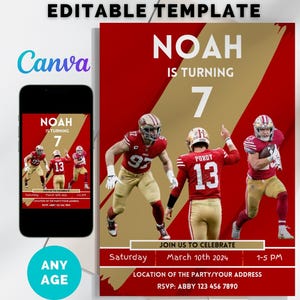 Invitation football sur le thème des 49ers, San Francisco 49ers, faire-part de fête d'anniversaire de football, téléchargement immédiat, modèle de toile, tout âge