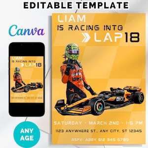 Formula 1 Birthday Invitation: Lando Norris, McLaren Theme (Canva Template, Instant Download)