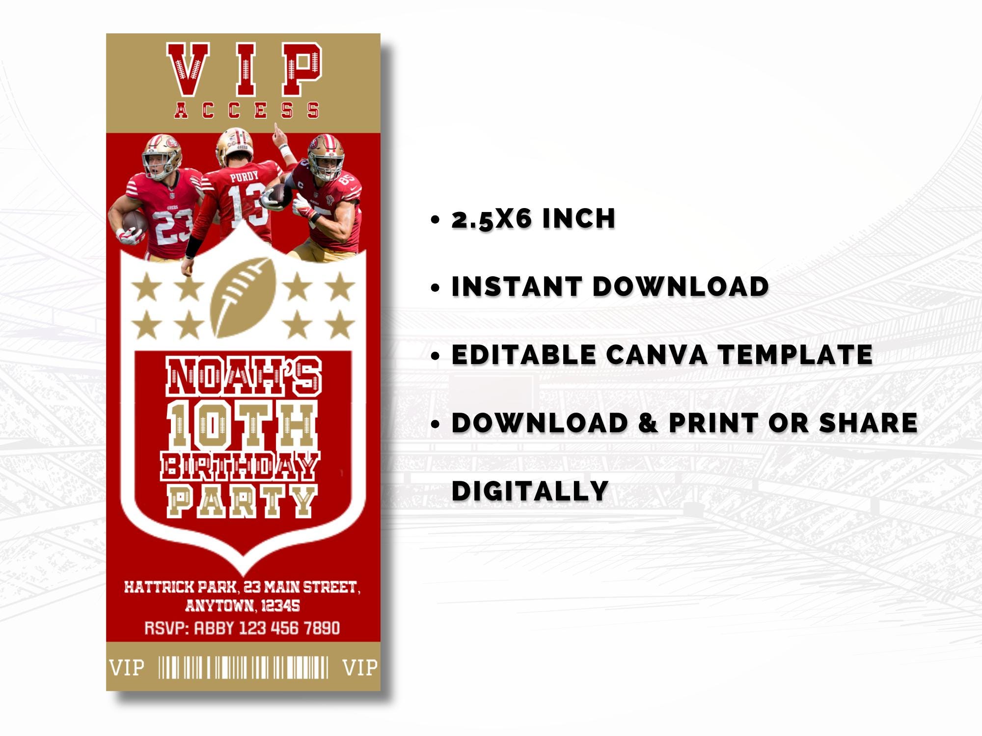 49ers Football Birthday Invitation: VIP Ticket, Canva Template (instant ...