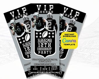 Raiders Football Birthday Invitation: VIP Ticket, Canva Template (Instant Download)