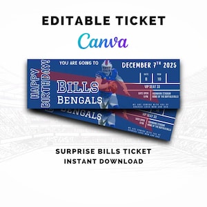 Puede incluir: Dos boletos azules con el texto "BILLS BENGALS" y una imagen de un jugador de fútbol americano. Los boletos muestran "HAPPY BIRTHDAY!" y "DECEMBER 7TH 2025". Los boletos están etiquetados como "VIP SEAT 33". La imagen también incluye el texto "EDITABLE TICKET" y "SURPRISE BILLS TICKET INSTANT DOWNLOAD".