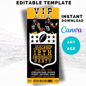 Pittsburgh Steelers Themed Football Invitation, VIP Ticket Birthday Party Favor, Instant Download, Canva Template, ANY AGE