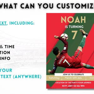 May include: A red and green soccer-themed birthday invitation with a photo of a soccer player kicking a ball. The invitation says "Noah is turning 7" and includes the text "Join us to celebrate Saturday, March 10th 2024, 1-5 PM. Location of the party/your address. RSVP: Abby 123 456 7890."