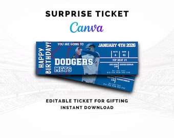 Regalo sorpresa: Entrada para un partido de béisbol de los Dodgers: Plantilla editable de Canva para cualquier partido, descarga instantánea.