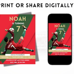 May include: A red and green soccer-themed birthday invitation for a boy turning seven. The invitation features a photo of a soccer player in a red and green uniform, kicking a soccer ball. The text on the invitation reads "Noah is turning 7".