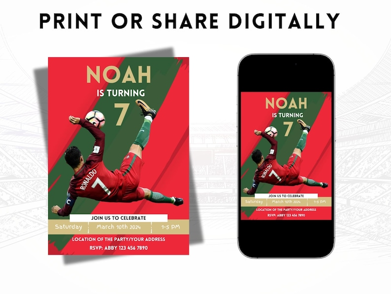 May include: A red and green soccer-themed birthday invitation for a boy turning seven. The invitation features a photo of a soccer player in a red and green uniform, kicking a soccer ball. The text on the invitation reads "Noah is turning 7".
