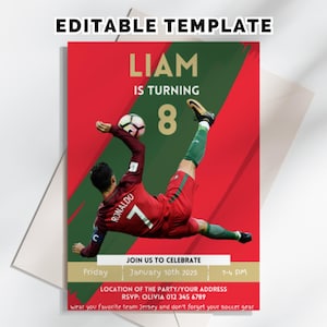 Ronaldo Portugal Birthday Invitation: Soccer Birthday Party, CR7 Editable Canva Template (Digital Download) image 1