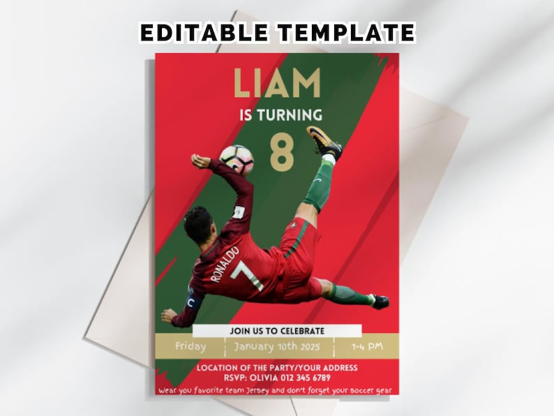 Ronaldo Portugal Birthday Invitation: Soccer Birthday Party, CR7 Editable Canva Template (Digital Download) image 1