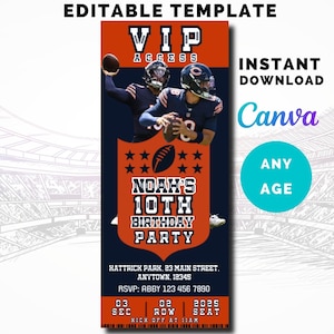 Invito a tema football dei Chicago Bears, invito Caleb Williams, biglietto VIP per festa di compleanno, download immediato, modello Canva, per qualsiasi età