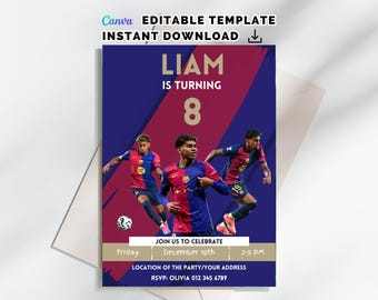 Lamine Yamal Geburtstagseinladung: Bearbeitbare Fußballparty, Barcelona-Thema (Canva-Vorlage, Sofort-Download)