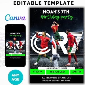 Convite de aniversário do Ronaldo, convite do CR7, convite editável do Ronaldo, convite de futebol, modelo do Canva, download instantâneo, QUALQUER IDADE