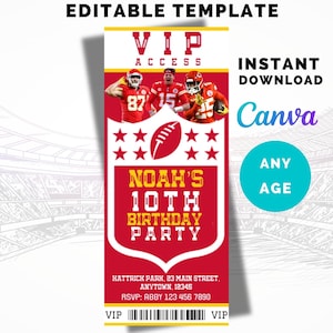 Kansas City Chiefs Themed Football Invitation, VIP Ticket Birthday Party Favor, Instant Download, Canva Template, ANY AGE