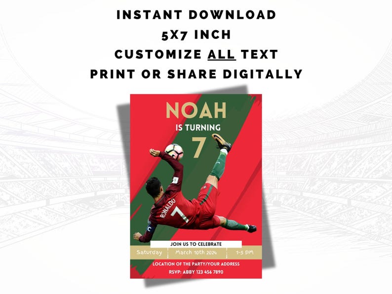 May include: A printable 5x7 inch soccer-themed birthday invitation featuring a photo of a soccer player in mid-air, kicking a ball. The invitation is customizable with text, including the name "Noah", the age "7", and the date and time of the party. The text "JOIN US TO CELEBRATE" is also included.