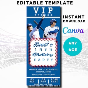 May include: A blue and red baseball ticket invitation for Noah's 10th birthday party. The ticket has a VIP access label and features two baseball players in uniform. The invitation includes the party details: Noah's 10th Birthday Party, Hat trick Park, 23 Main Street, Anytown, 12345, RSVP: Abby 123 456 7890.