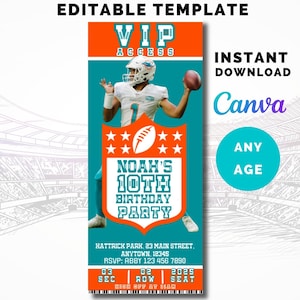 May include: A teal and orange birthday party invitation designed to look like a VIP ticket. The invitation features a football player and the text "Noah's 10th Birthday Party". The words "VIP Access" are at the top.