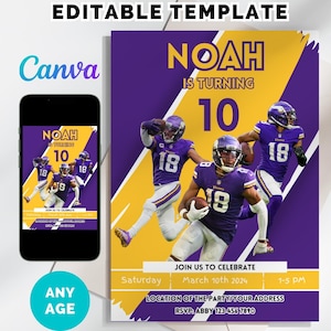 Vikings Themed Football Invitation, Minnesota Vikings, Football Birthday Party Invitation, Instant Download, Canva Template, ANY AGE