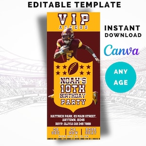 Pode incluir: Modelo editável para um convite de aniversário com tema de futebol. O convite apresenta um jogador de futebol com um uniforme castanho e dourado, uma bola de futebol e o texto "Acesso VIP", "Festa de aniversário de 10 anos do Noah" e "Pontapé de saída às 1:00 da manhã".