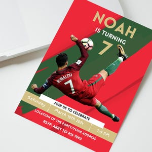 May include: A red, green, and gold birthday invitation with a photo of a soccer player kicking a ball. The invitation says "Noah is turning 7" and includes the date, time, and location of the party.