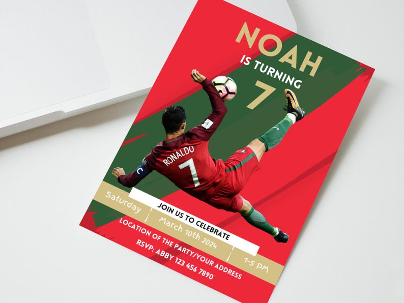 May include: A red, green, and gold birthday invitation with a photo of a soccer player kicking a ball. The invitation says "Noah is turning 7" and includes the date, time, and location of the party.