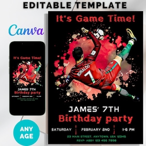 Editable Ronaldo Birthday Invitation, CR7 Birthday Invite, CR7 party invitation, Soccer Birthday, Canva Template, Instant Download, ANY AGE