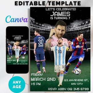 Messi Birthday Invitation, Messi invitation, Editable Messi Invitation, Soccer Invitation, Canva Template, Instant Download, ANY AGE