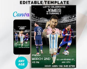 Editable Messi Birthday Invitation: Soccer Theme, Canva Template (Instant Download)