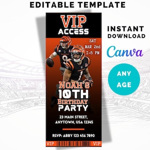 May include: Editable template for a VIP access ticket to a 10th birthday party. The ticket features a black and orange color scheme with a football theme. The text on the ticket reads "VIP Access", "Noah's 10th Birthday Party", "Sat Mar 2nd 1-5 PM", "23 Main Street, Anytown, USA 12345", and "RSVP: Abby 123 456 7890".