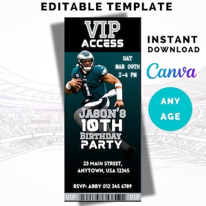 May include: A green, black, and white ticket with the text "VIP Access" and "Jason's 10th Birthday Party". The ticket features a football player in a green and white uniform. The text "RSVP: Abby 012 345 6789" is at the bottom of the ticket.