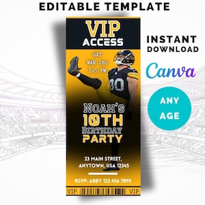 Steelers Themed Football Invitation, VIP Ticket Birthday Party Favor, Instant Download, Canva Template, ANY AGE